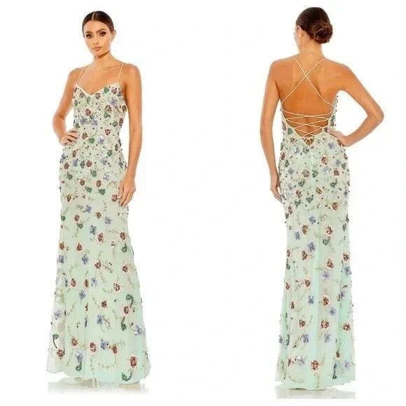 MAC DUGGAL 10890 EMBELLISHED SPAGHETTI STRAP LACE UP AQUA MULTI GOWN SZ 16 - Picture 1 of 6